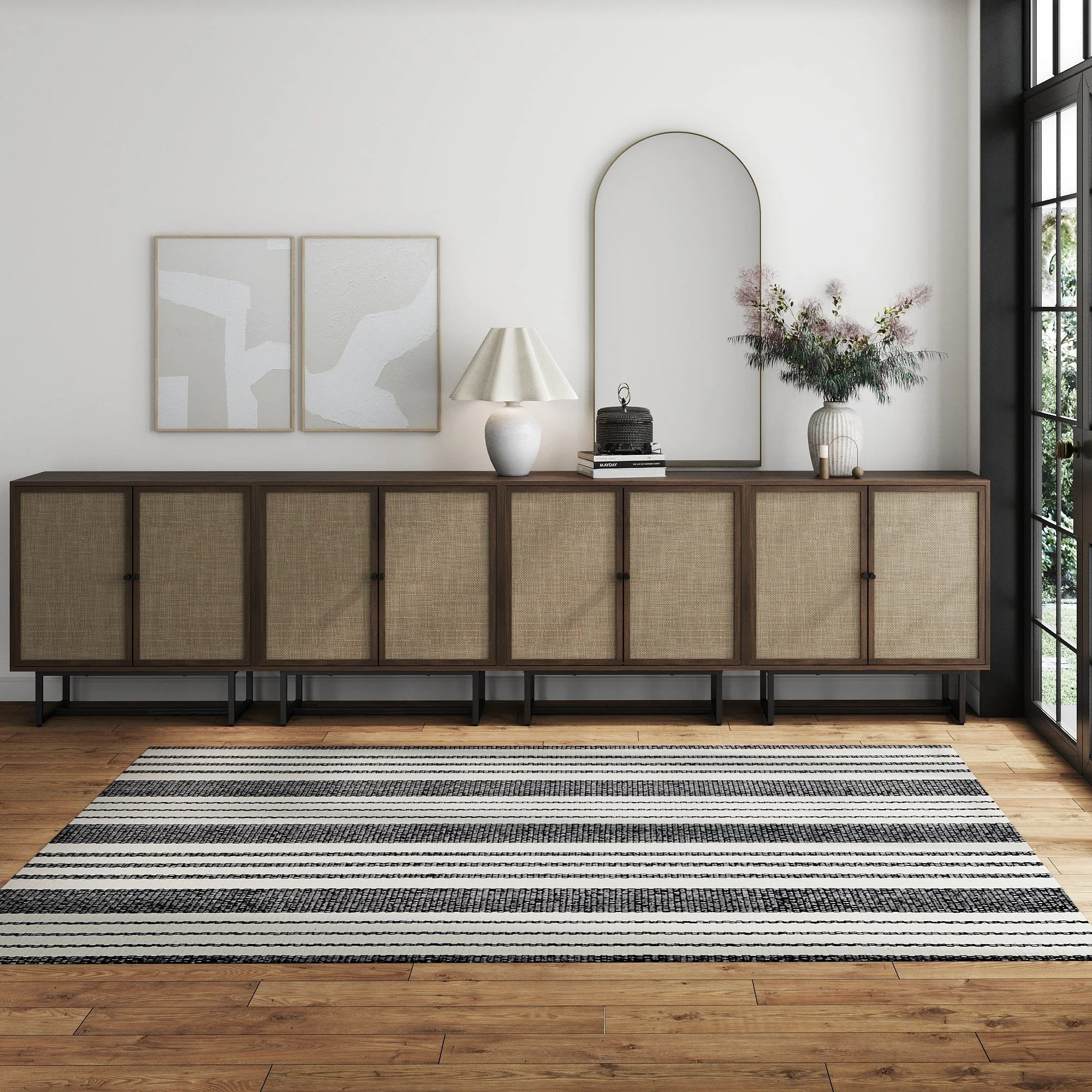 Large Rattan Credenza Console Table Walnut (Set of 4) | Nathan James