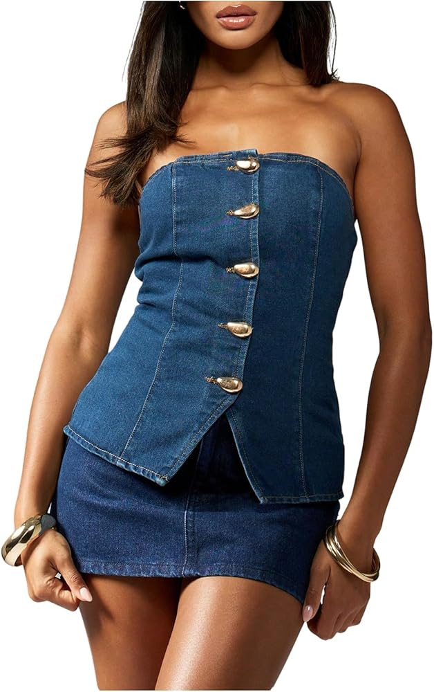 Amazon.com: MakeMeChic Women's Strapless Denim Vest Metal Button Down Split Cowgirl Tube Tops Blue X-Small : Clothing, Shoes & Jewelry | Amazon (US)