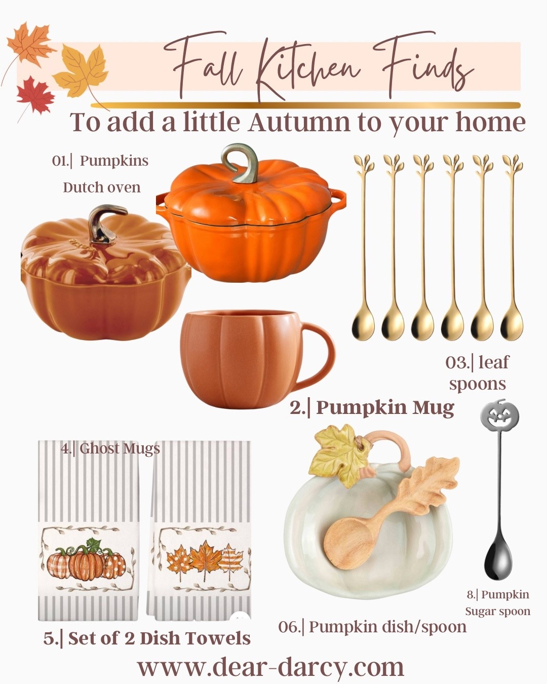 Fall kitchen finds 🍂🍁

To add a touch of Autumn to your home

Dish towels
Leave gold spoons 
Pumpkin mugs
Pumpkin baking dish 
Pumpkin plate/spoon


#LTKFindsUnder50 #LTKSeasonal #LTKHome