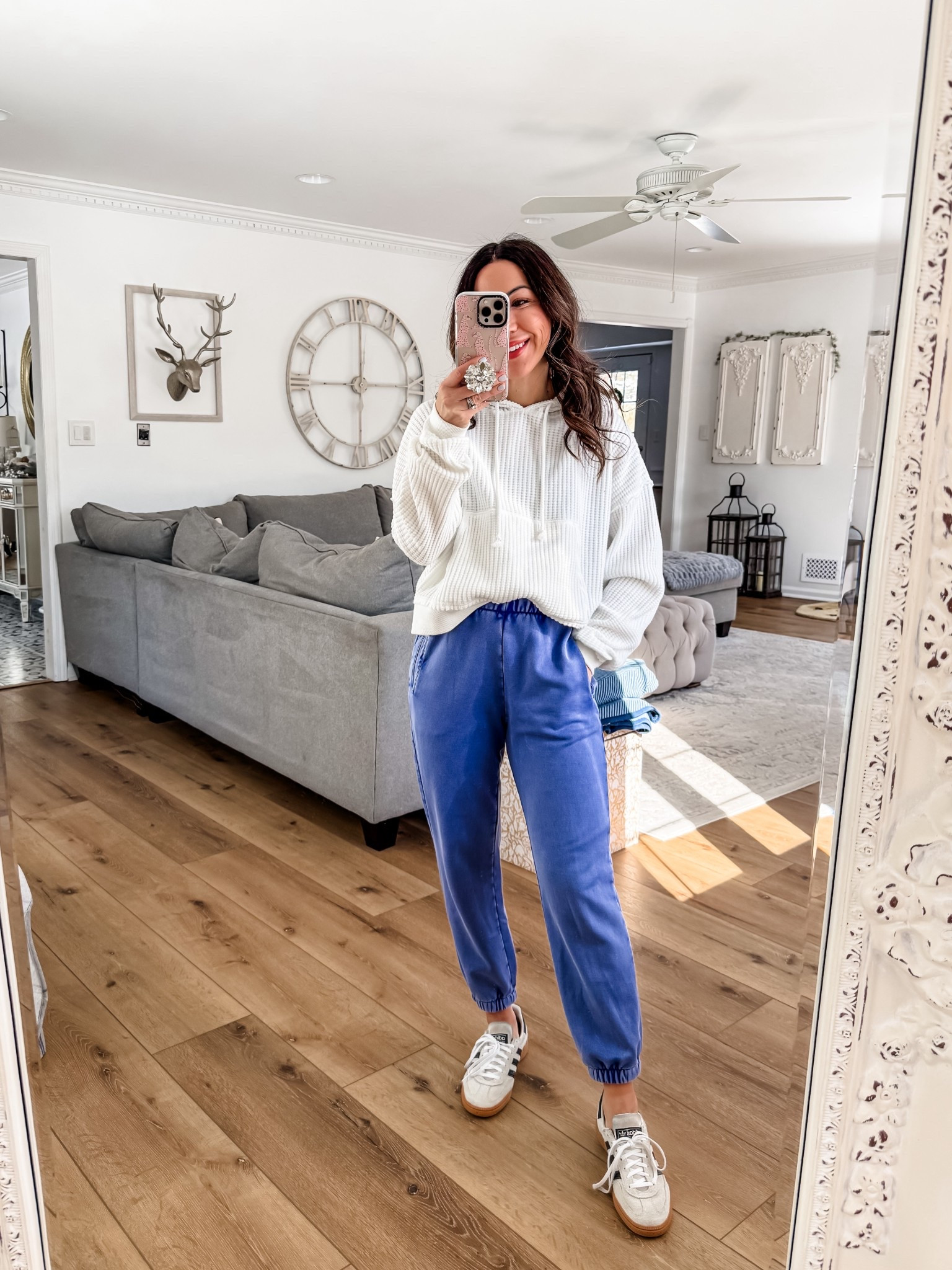 Xs petite jogger sweatpants. Small hoodie. XS flannel shirt. Adidas sneakers size down.

#LTKOver40 #LTKSaleAlert #LTKPetite