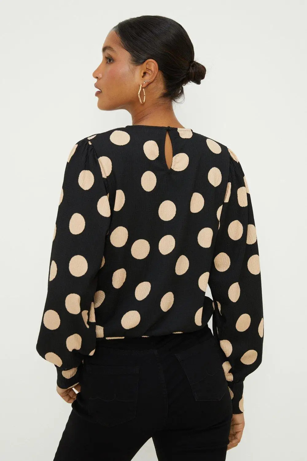 Mono Dorothy Perkins Spot Key Hole Wrap Long Sleeve Top | Boohoo USA | boohoo (US & Canada)