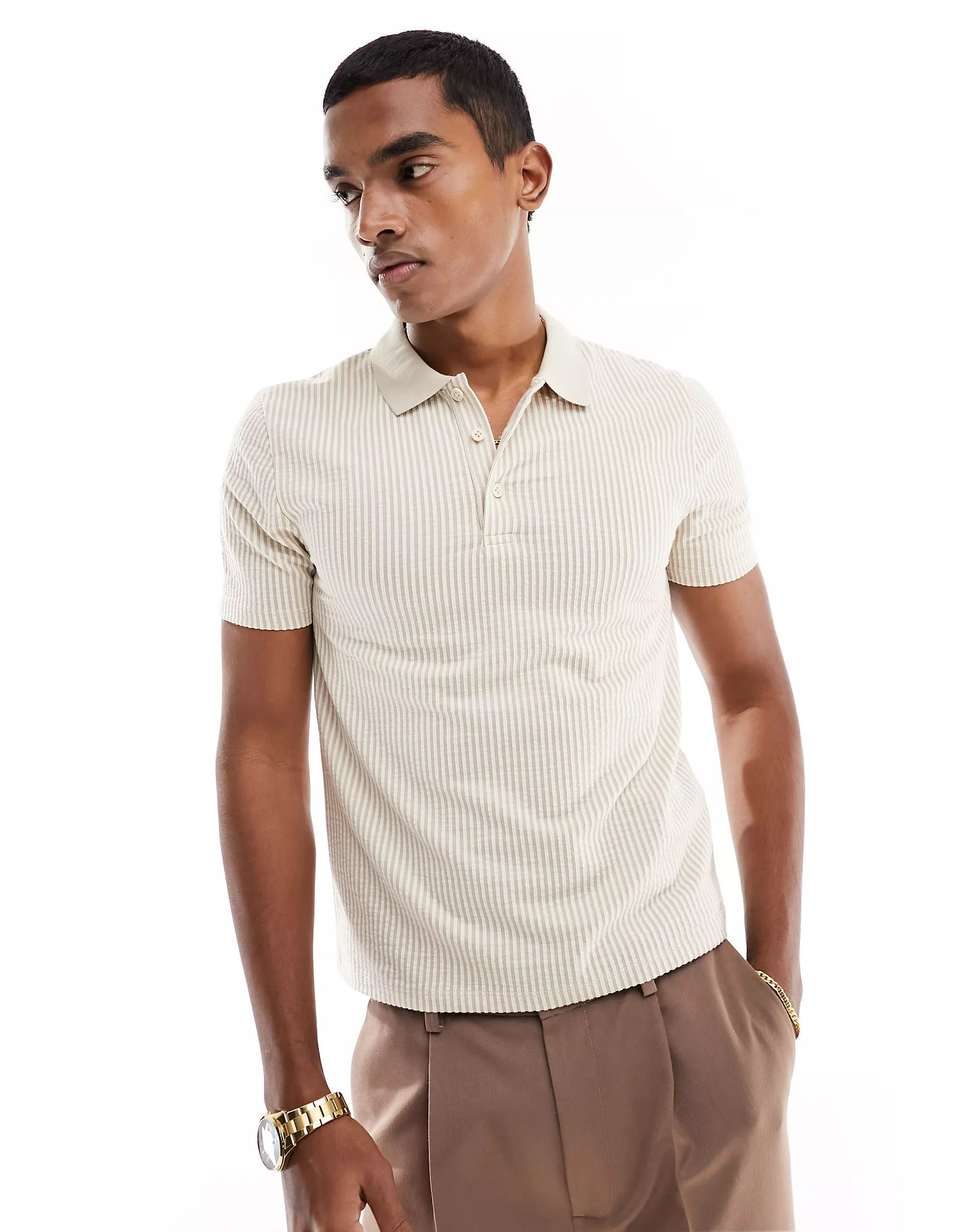 ASOS DESIGN muscle fit polo in textured stripe | ASOS (Global)
