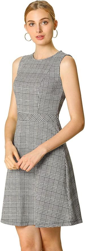 Allegra K Women's Plaid Tweed Dress Sleeveless Fit and Flare Houndstooth Work Dresses Small White... | Amazon (US)