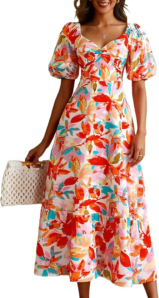Women's Floral Print Puff Short Sleeve Ruffle Dress Ruched V Neck A Line Flowy Maxi Vacation Dres... | Amazon (US)