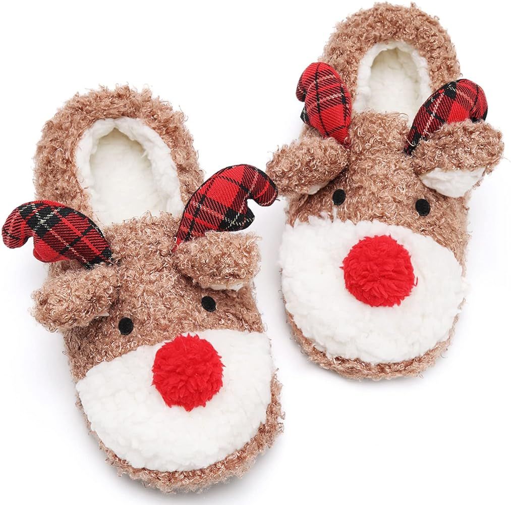 ASHION Women's Christmas Slippers Cute Fuzzy Reindeer House Slippers Stuffed Animal Bedroom Slipp... | Amazon (US)