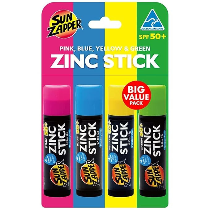 Sun Zapper Zinc Oxide Mineral Sunscreen Stick (Pink, Blue, Green, Yellow) SPF 50+ Water Resistant... | Amazon (US)