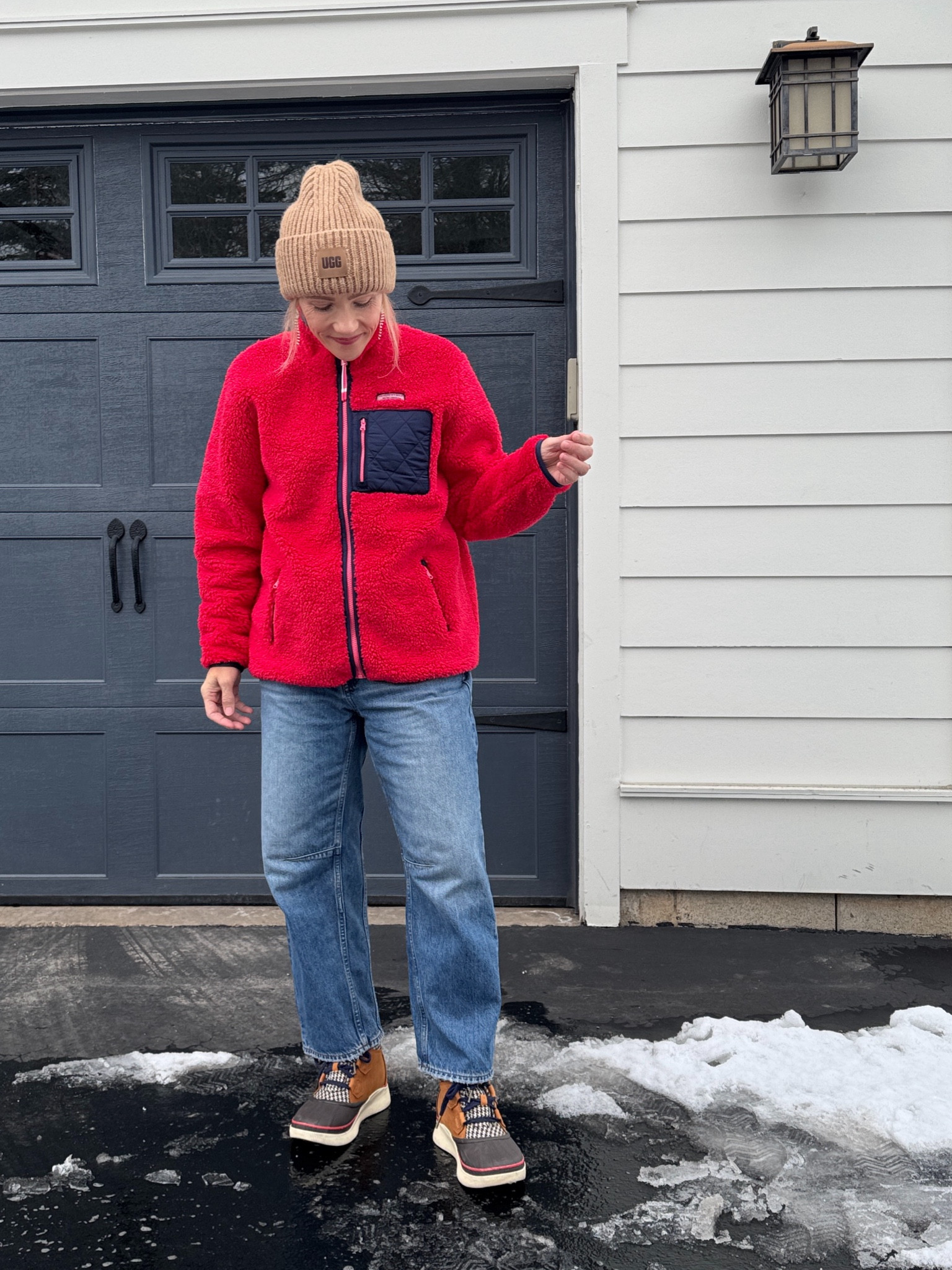Christmas cozy winter outfit - vineyard vines Sherpa fleece jacket (now on sale for under $100! Santa brought these for the kids and husband too!), madewell darted barrel jeans (baggy mid rise fit, room to size down - I’m wearing my regular size in a petite length 5’3” for ref) Boden pearl bow earrings, sorrel waterproof ankle boots (so comfortable and true to size) , Anthropologie stripe socks, Ugg hat
❤️ Claire 

#LTKStyleTip #LTKFindsUnder100 #LTKSaleAlert