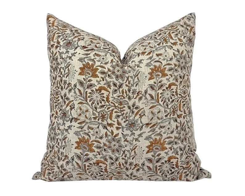 MAIA Designer Blue Grey Brown Linen Pillow Cover, Block Print Pillow, Blue Grey Pillow, Hand Prin... | Etsy (US)