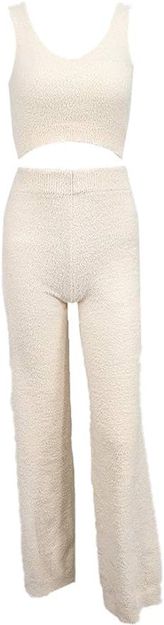 Women's Fuzzy Warm Sherpa Fleece 2 Piece Outfits Spaghetti Strap Crop Top and High Waist Wide Leg... | Amazon (US)