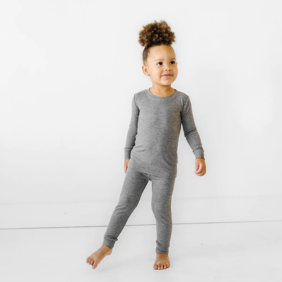 Heather Charcoal Ribbed Two-Piece Bamboo Viscose Pajama Set | Little Sleepies