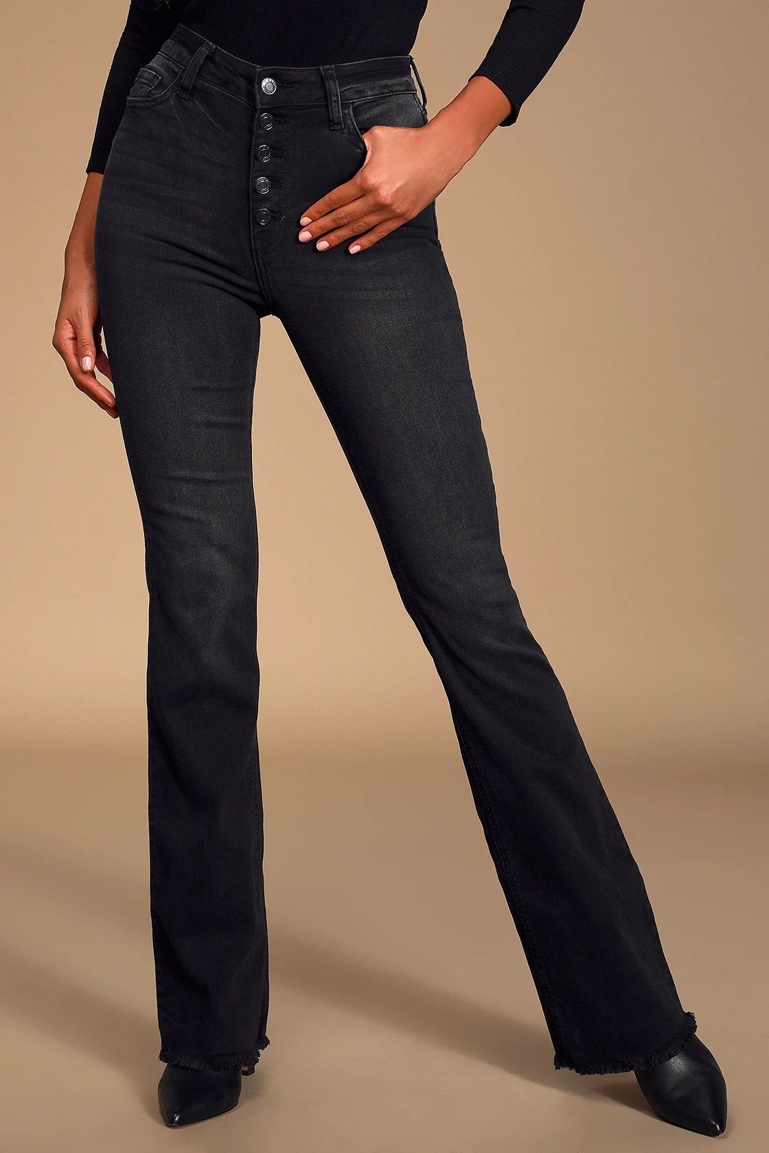 Trina Washed Black Button-Fly Flared Jeans | Lulus (US)