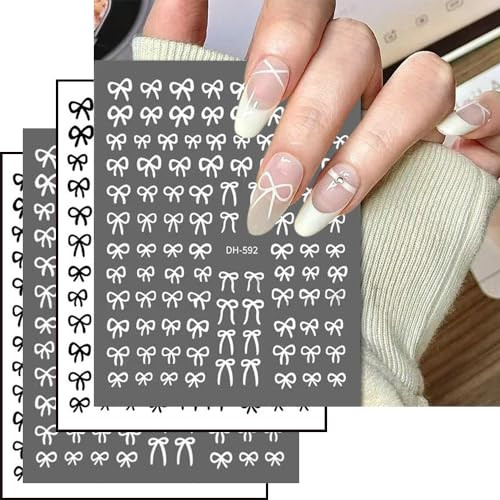 Bow Knot Nail Art Stickers 3D Ribbon Bow Designs Self Adhesive Decals 4 Sheets Cute Bow Nail Art Design Decals Black White Kawaii Bow Nail Art Designs Bow Decals for Nail Art DIY Manicure Decoration | Amazon (US)
