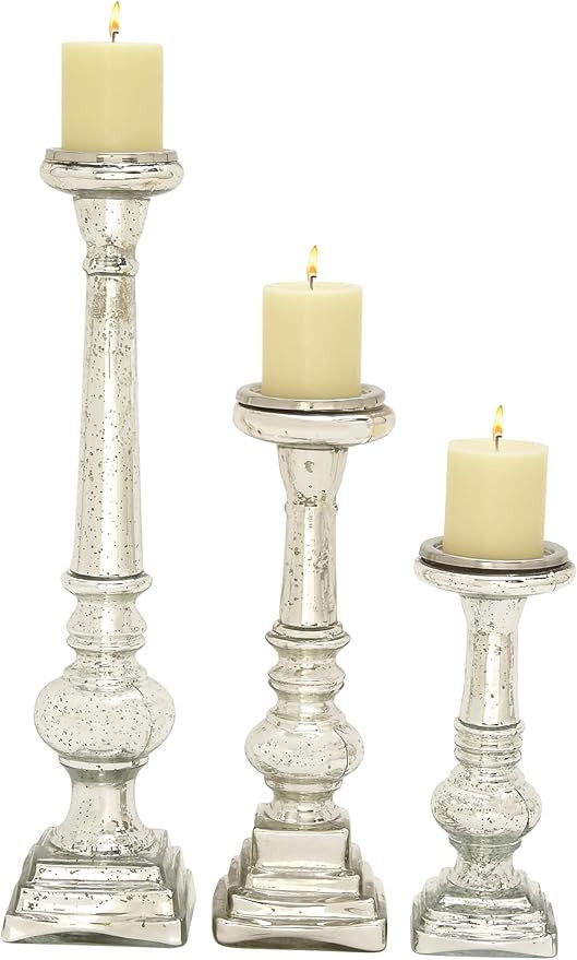 Deco 79 Glass Handmade Decorative Candle Holder Turned Style Pillar Candle Stand, Set of 3 Candle... | Amazon (US)