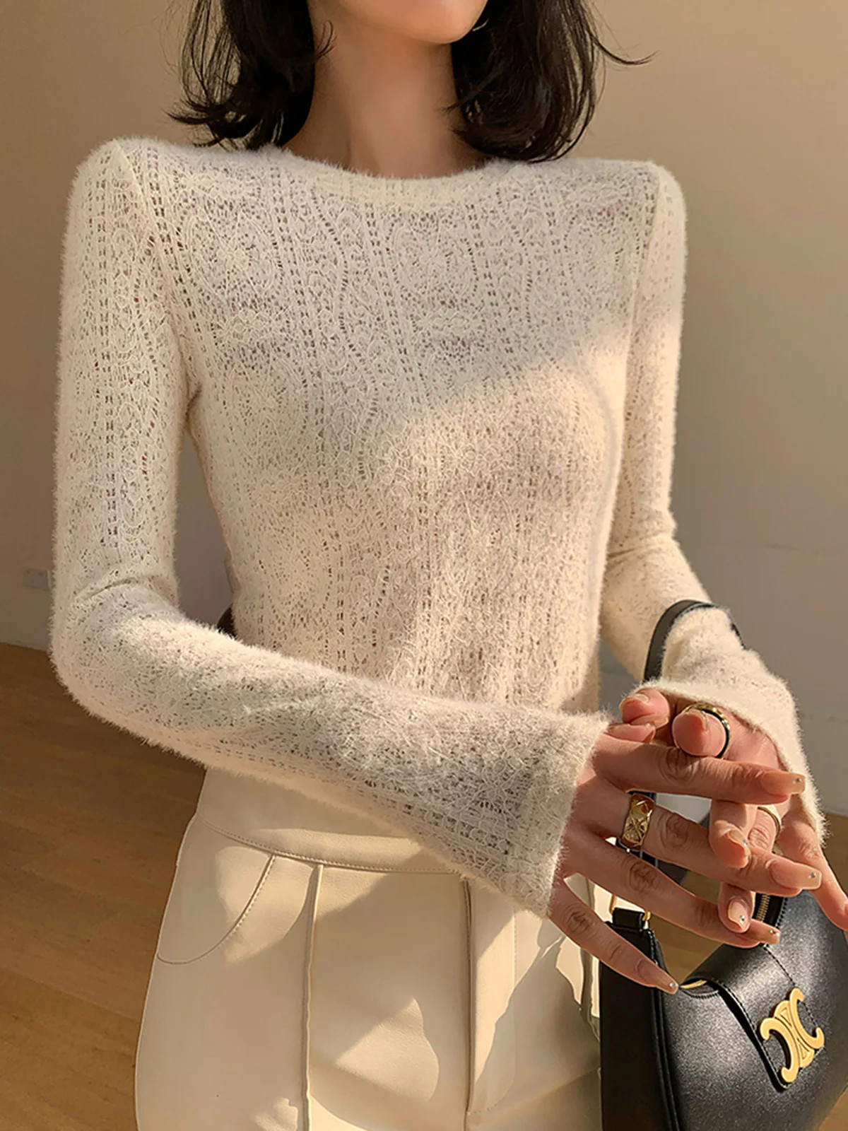 Floral Hollow Knit Crew Neck Long Sleeve Top | Commense