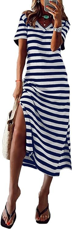 MARZXIN Women 2024 Casual Maxi Dress Short Sleeve V Neck Stripe Sundress Split Loose Long Summer ... | Amazon (US)