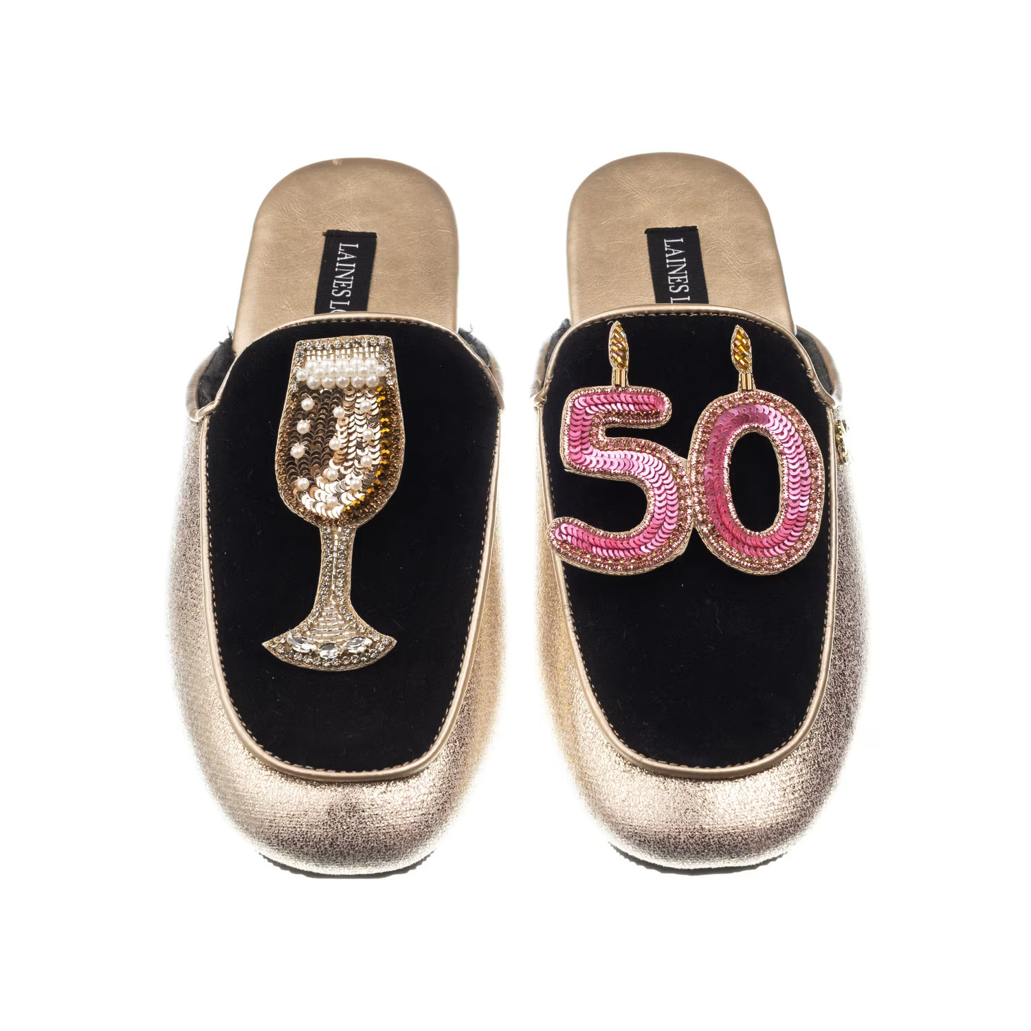 Classic Mules With 50Th Birthday & Glass Of Champagne Brooches - Black & Gold | Wolf & Badger