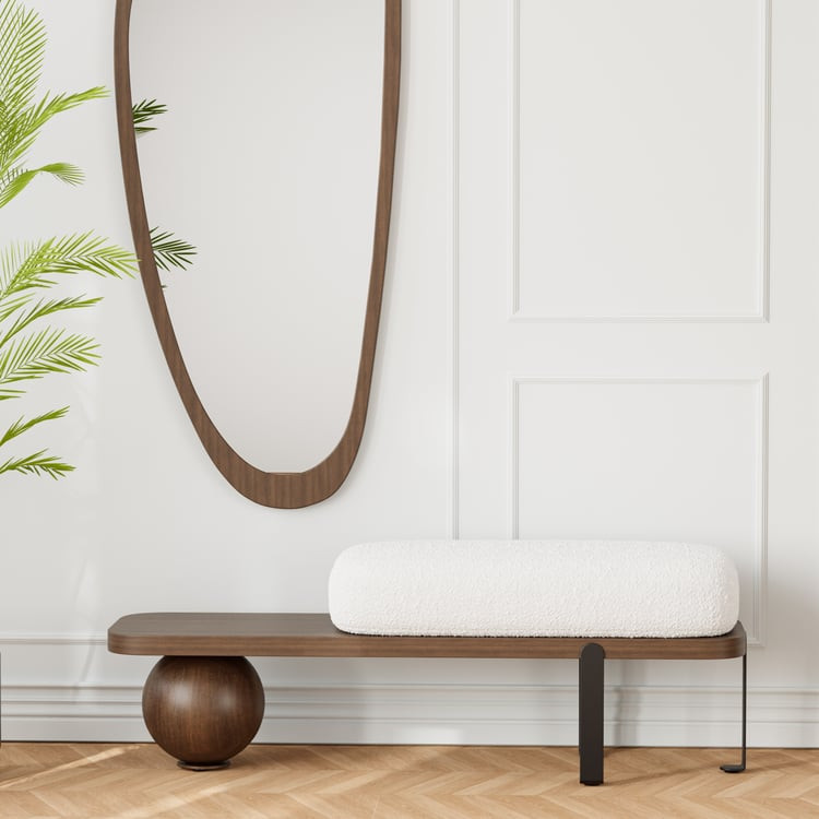 Walnut & Black Wooden Entryway Bench Fleece Upholstered with Abstract Metal Legs | Homary | Homary
