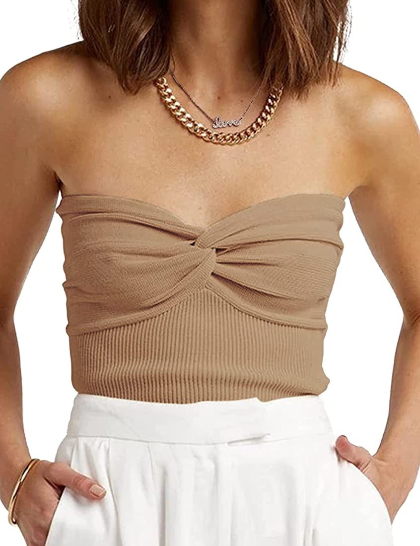 ANGGREK Womens Strapless Crop Top Twist Front Knit Tube Crop Top Tank Top Sleeveless Y2K Slim Fit Se | Amazon (US)