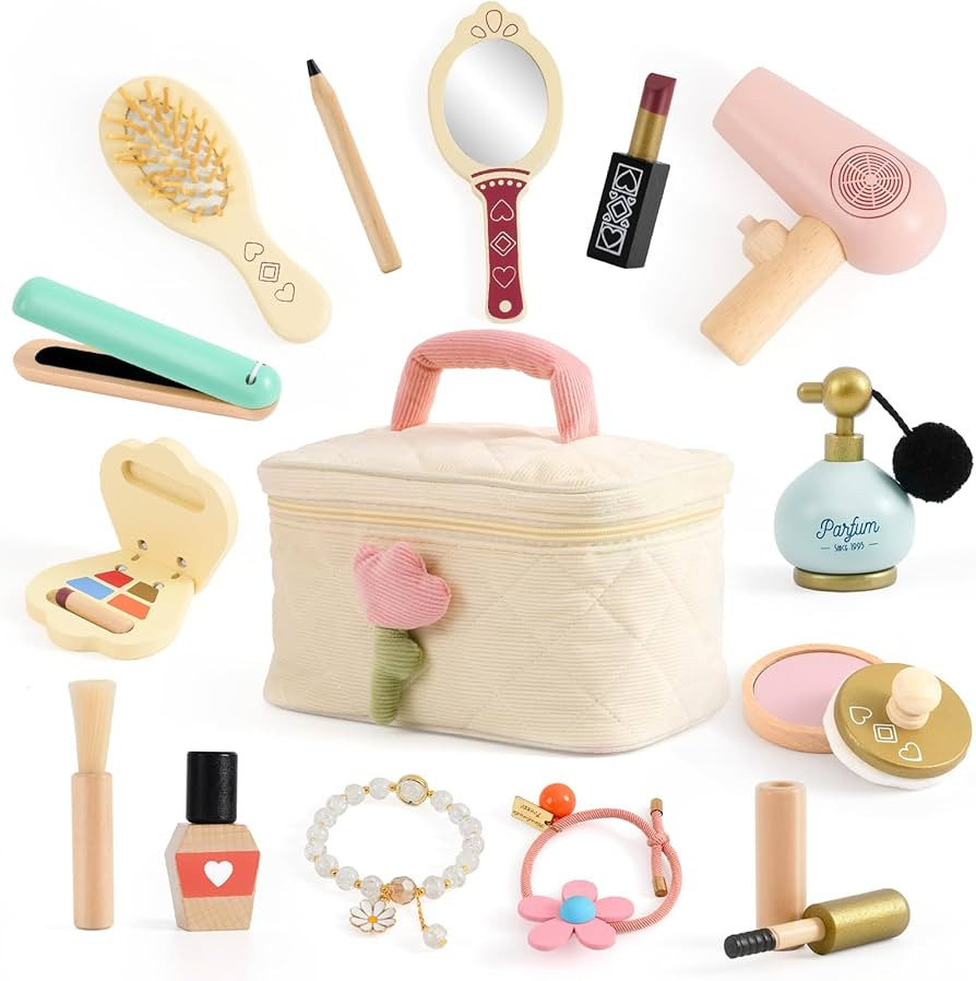 Atoylink Wooden Makeup Toy Set, 15Pcs Hair Salon Girl Toys Toddler Pretend Play Makeup Kit with P... | Amazon (US)