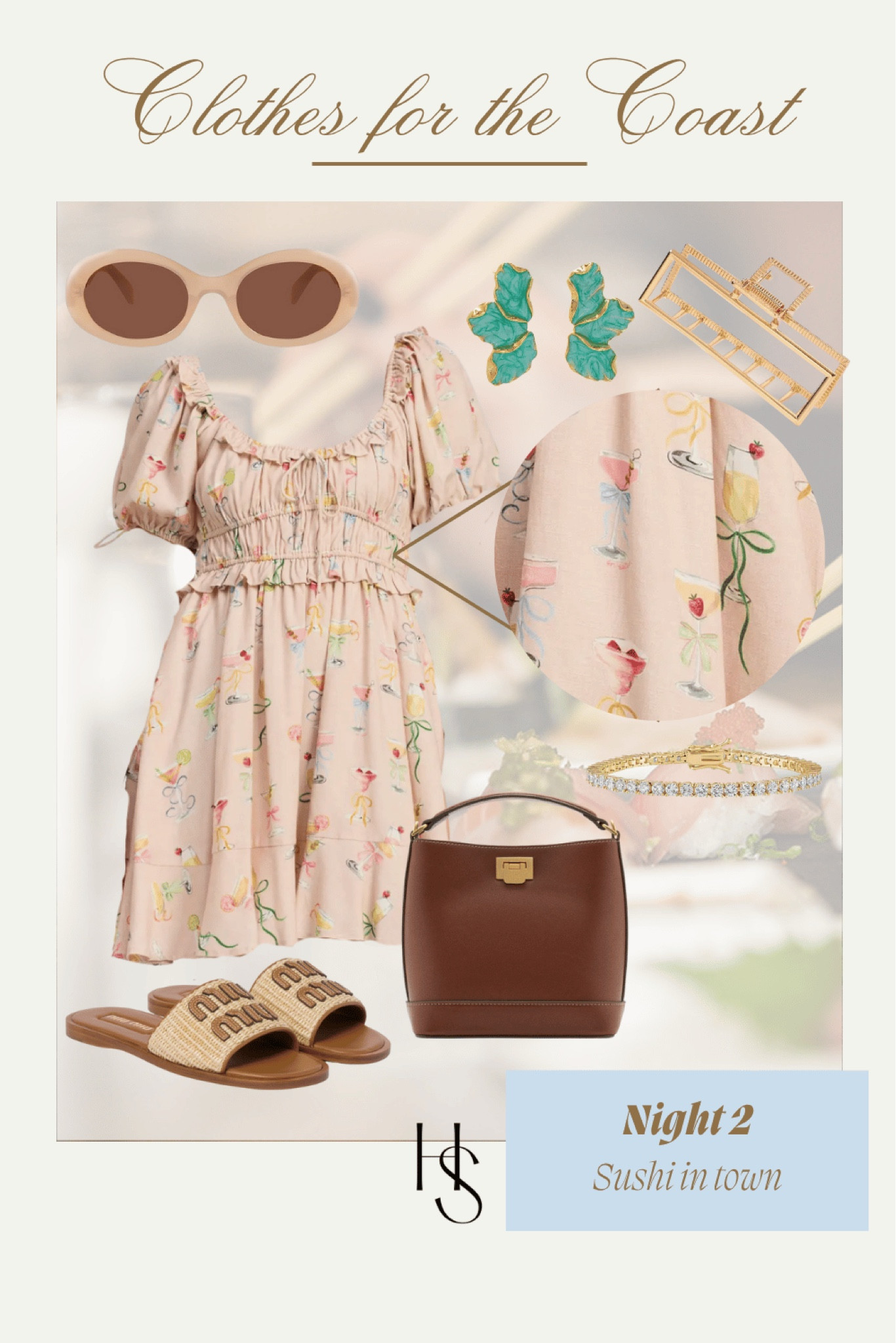 Clothes for the Coast: Cape Cod vacation outfit night 2 - sushi in town. This is my favorite bag under 60. I love this cocktail patterned dress! Lastly, these earrings are under 10 on Amazon and have been a summer wardrobe staple for me. 
This outfit is from my article on my blog: Cape Cod Vacation Outfits: What I Wore in the Cape
What to wear in Cape Cod 
Cape Cod packing list 
Cape Cod summer style
Cape Cod swim style 
Cape Cod travel outfits 
Cape Cod outfit ideas 
New England summer outfits 
What I wore in Cape Cod 
Cape Cod beach vacation wardrobe 
Stylish outfits for Cape Cod
What to wear in New England
Coastal packing list 
Coastal summer style
Coast swim style 
Coastal travel outfits 
Coastal outfit ideas 
New England summer outfits 
What I wore on the New England Coast
Coastal beach vacation wardrobe 
Stylish outfits for the coast 
Blush pink mini dress
Dress with cocktails 
Mini cocktail dress
Cocktail patterned dress 
Blush ruffle puff sleeve dress