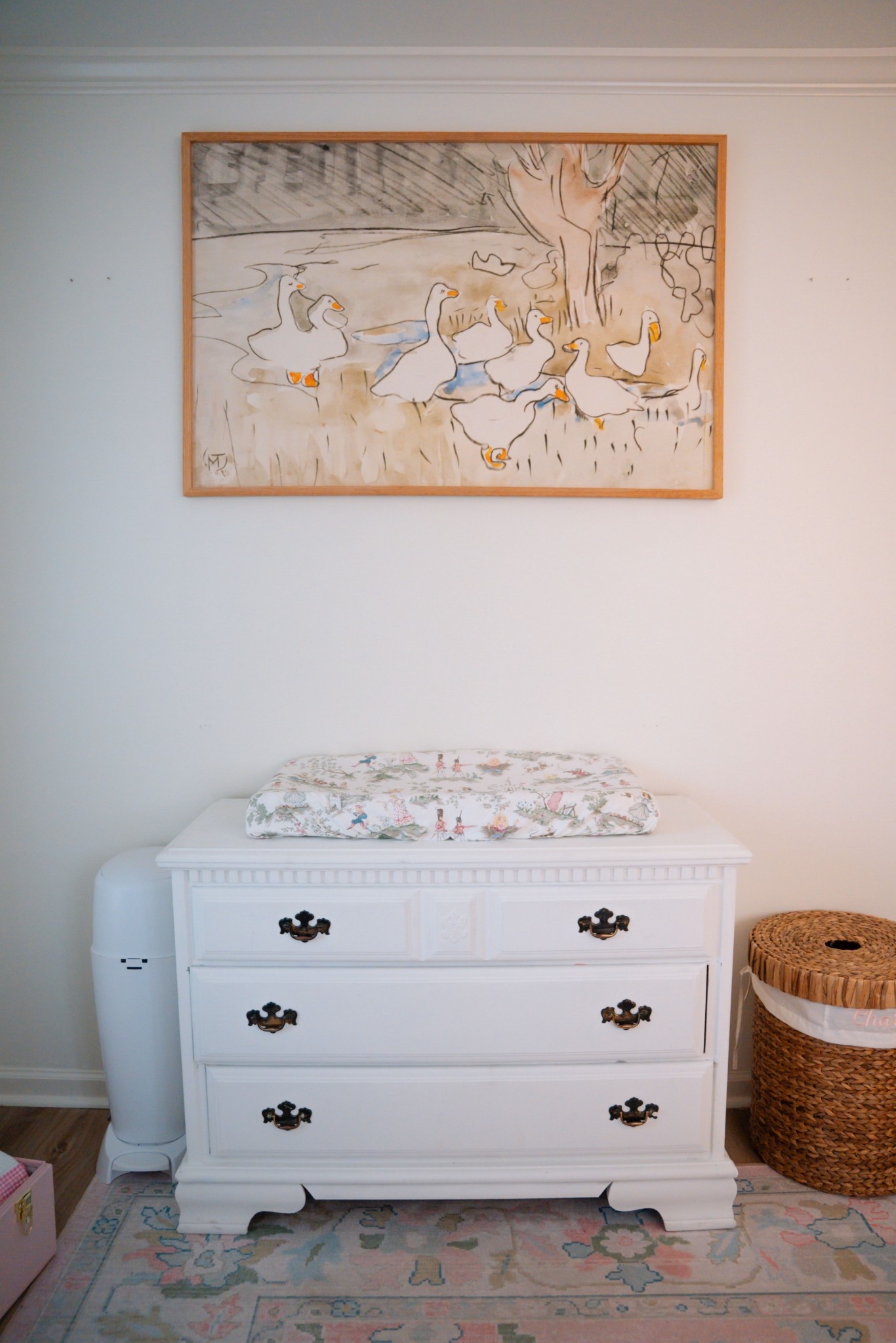 This goose print in her nursery was a gift from my hostesses at my bag shower. Linking it here. While the changing table/ dresser is an old piece that has been in my family for awhile I linked similar styled pieces. Also peep the laundry basket! Obsessed l. A little pricey but we will have in her room forever 

#LTKmomlife #LTKKids #LTKBaby