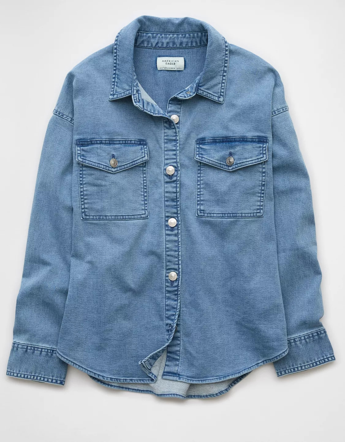 AE Dreamy Drape Cozy Long-Sleeve Button-Up Denim Shirt | American Eagle Outfitters (US & CA)