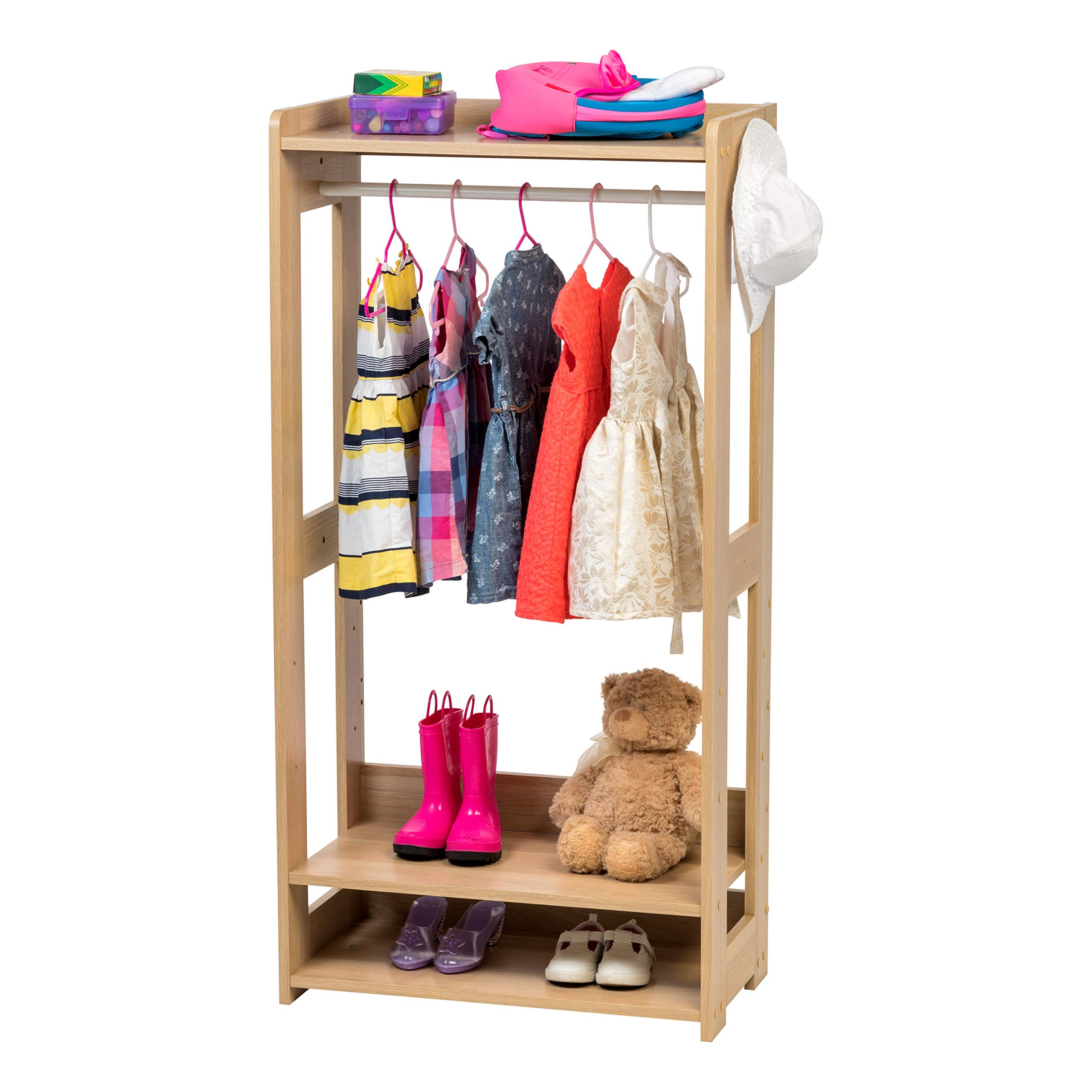 IRIS USA Small Open Wood Clothing Rack for Small Spaces, Clothes Rack with Shelves, Garment rack with Side Hook, Light Brown | Amazon (US)