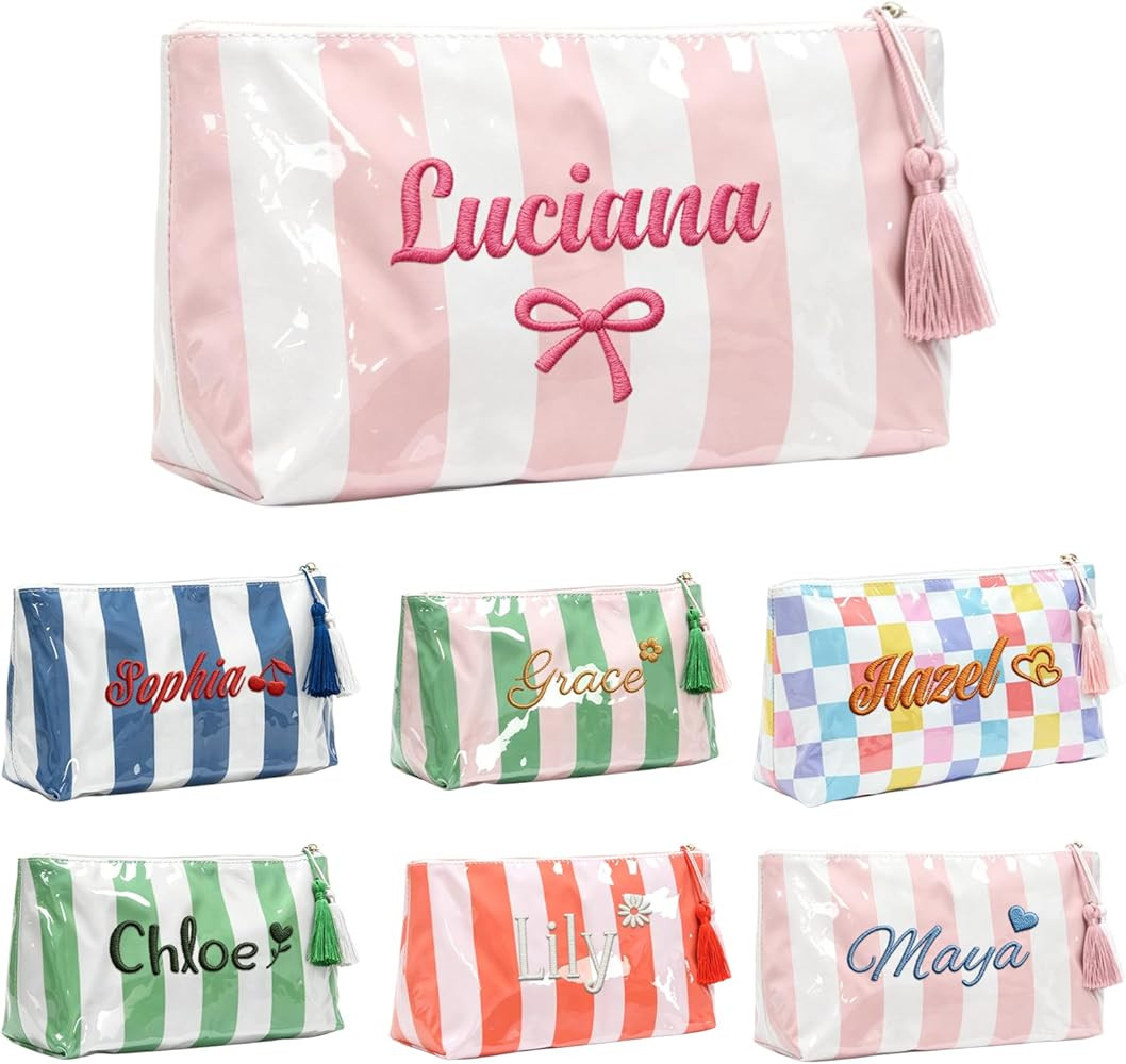Personalized Striped PVC Makeup Bags for Women, Custom Embroidered Name Waterproof Cosmetic Pouch... | Amazon (US)