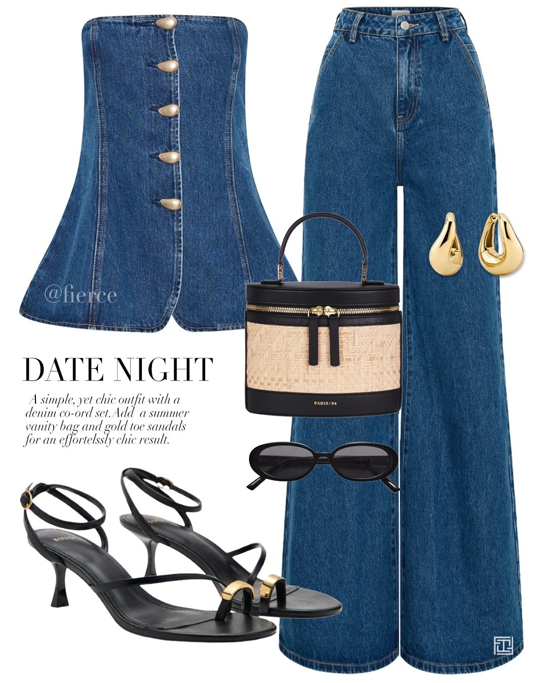 Denim set gold toe heeled sandals raffia summer vanity bag chic date night outfit summer evening outfit dinner look vacation 

#LTKspring #LTKsummer #LTKuk