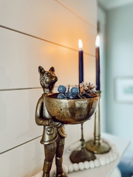 Brass fox figurine bowl, similar taper candleholders, wood bead garland 

#LTKhome #LTKHoliday #LTKSeasonal