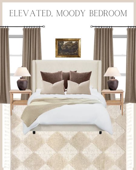 Elevated earthy organic moody warm neutral bedroom update curtains bed pillows bedding knit throw rug checkered diamond viral Wayfair bed wingback artwork vintage 

#LTKhome