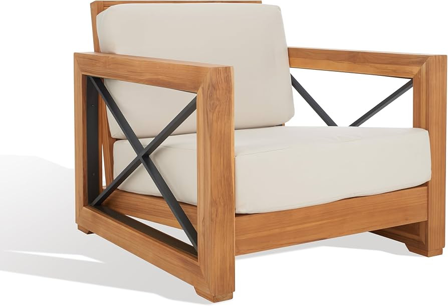 Safavieh CPT1009A Couture Curacao Brazilian Teak Outdoor Patio Club Chair, Natural/White | Amazon (US)