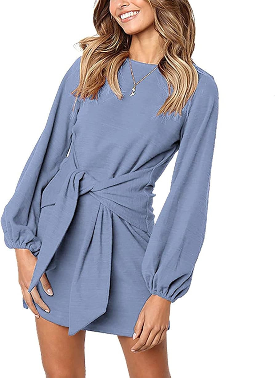 PRETTYGARDEN Women's Elegant Long Lantern Sleeve Short Dress Crewneck Tie Waist Knit Cocktail Dre... | Amazon (US)