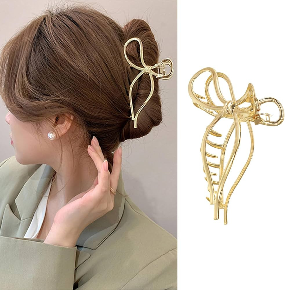 1Pcs Bow Hair Claw Clips - Metal Gold Bows Hair Clip Strong Hold Y2k Jaw Clip Nonslip Gold Alloy ... | Amazon (US)