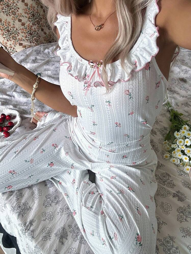 CottageSlumber Women's Floral Jacquard Knit Ruffle Collar Jumpsuit Sleepwear  Cozy And Elegant D... | SHEIN