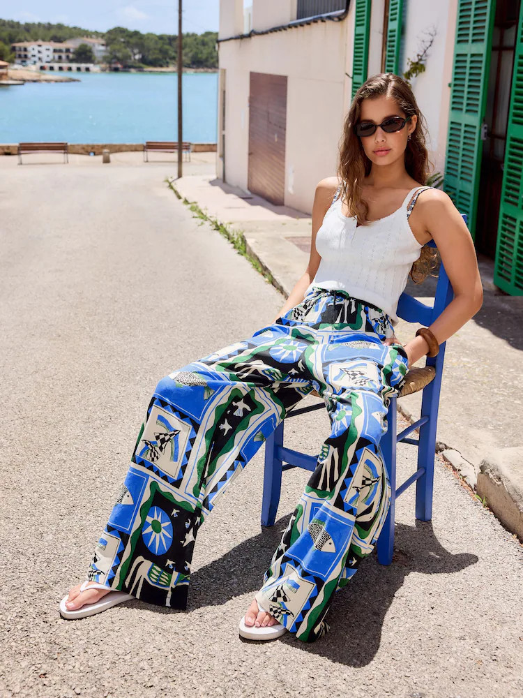 Blauw/ecru vissenprint - Broek met linnen, wijde pijpen en elastische taille | Next EU