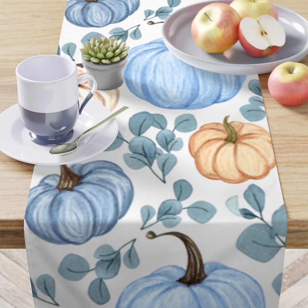 Fall Table Runner, 90x16 Blue Pumpkin Table Decor, Autumn Table Linen, Farmhouse Decor, Fall Deco... | Etsy (US)
