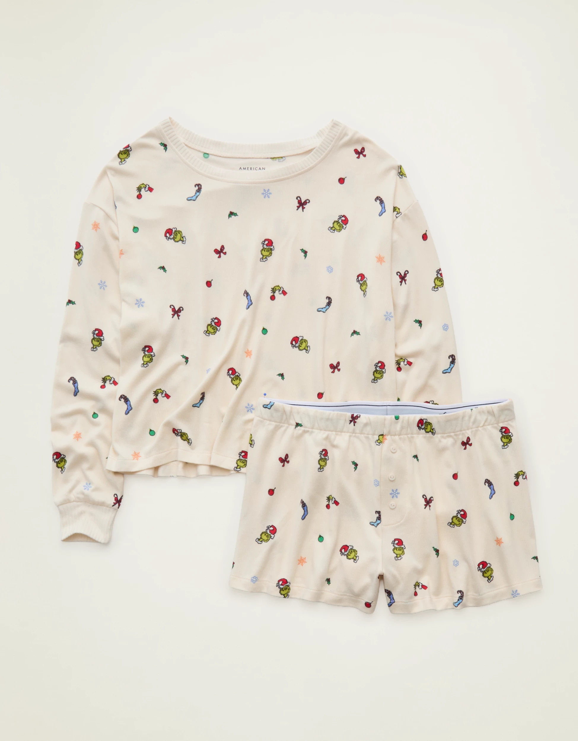AE Luxe Plush Grinch Long Sleeve + Short PJ Set | American Eagle Outfitters (US & CA)