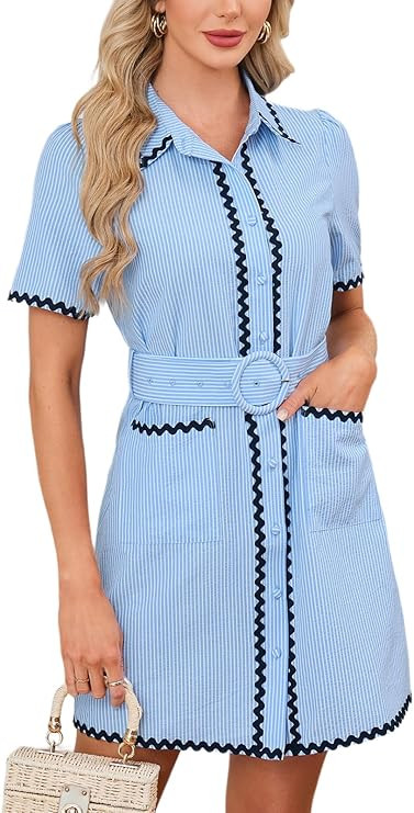 Women's Belted Button Down Shirt Dress RIC-rac Trim Striped Mini Dresses with Pockets | Amazon (US)
