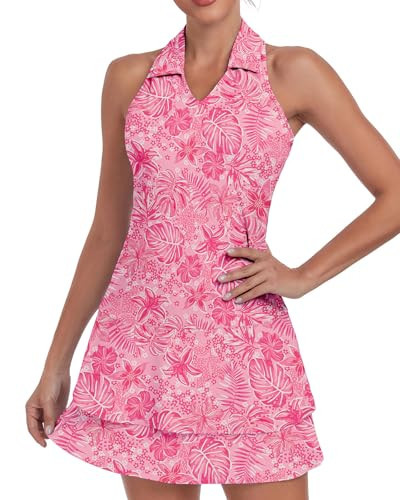 Soneven Tennis Dress for Women Golf Dresses with Built in Shorts and Pockets Sleeveless Polo Racerback Workout Athletic Dresses(131 Pink Floral, X-Large) | Amazon (US)