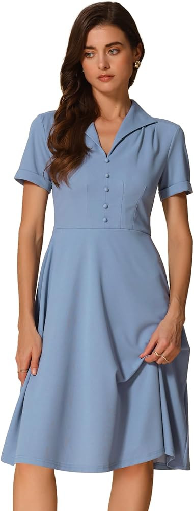 Allegra K Vintage Dresses for Women's 2025 Spring Flat Collar Short Sleeve Fit and Flare Dress | Amazon (US)