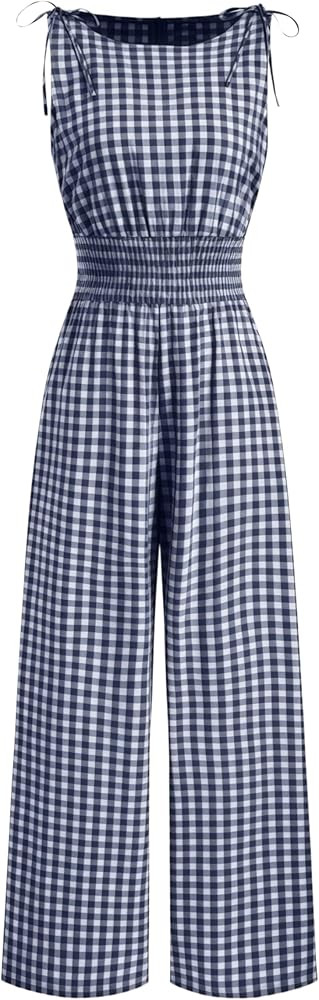 UANEO Women's Jumpsuit Gingham Plaid Sleeveless Summer Daily Overalls Zip Up Smocked Waist Wide L... | Amazon (US)