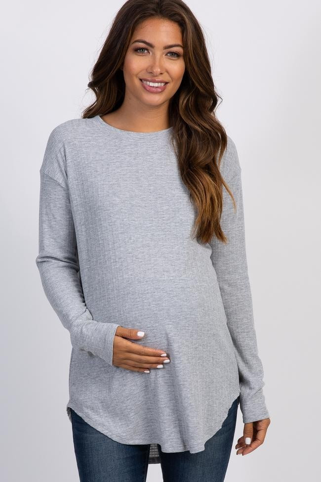 Heather Grey Long Sleeve Ribbed Maternity Top | PinkBlush Maternity