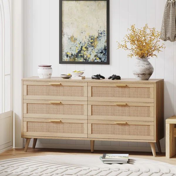 Rattan 6 Drawer Double Dresser for Bedroom, Chest of Dressers, Natural | Wayfair North America