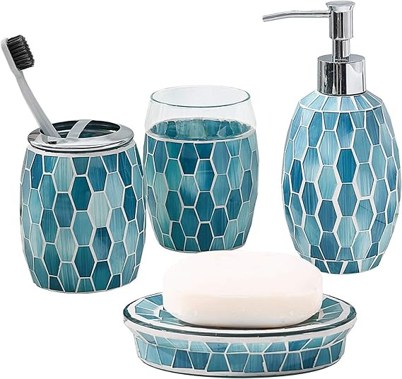 4PCs Mosaic Blue Glass Bathroom Accessories Set with Decorative Pressed Pattern - Includes Hand S... | Amazon (US)