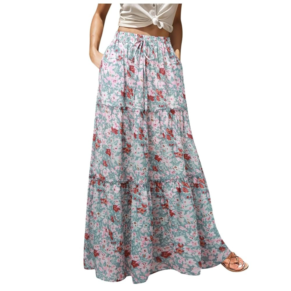 Boho Maxi Skirts for Women Floor Length Flowy Skirt Elastic High Waisted Tiered Skirts Vintage Bo... | Amazon (US)