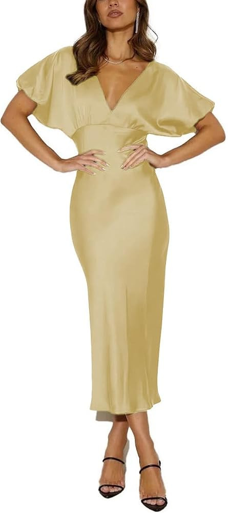Summer Satin V Neck Puffy Sleeves Empire Waist Midi Dresser Silk Sexy Tie Back Formal Cocktail Dr... | Amazon (US)