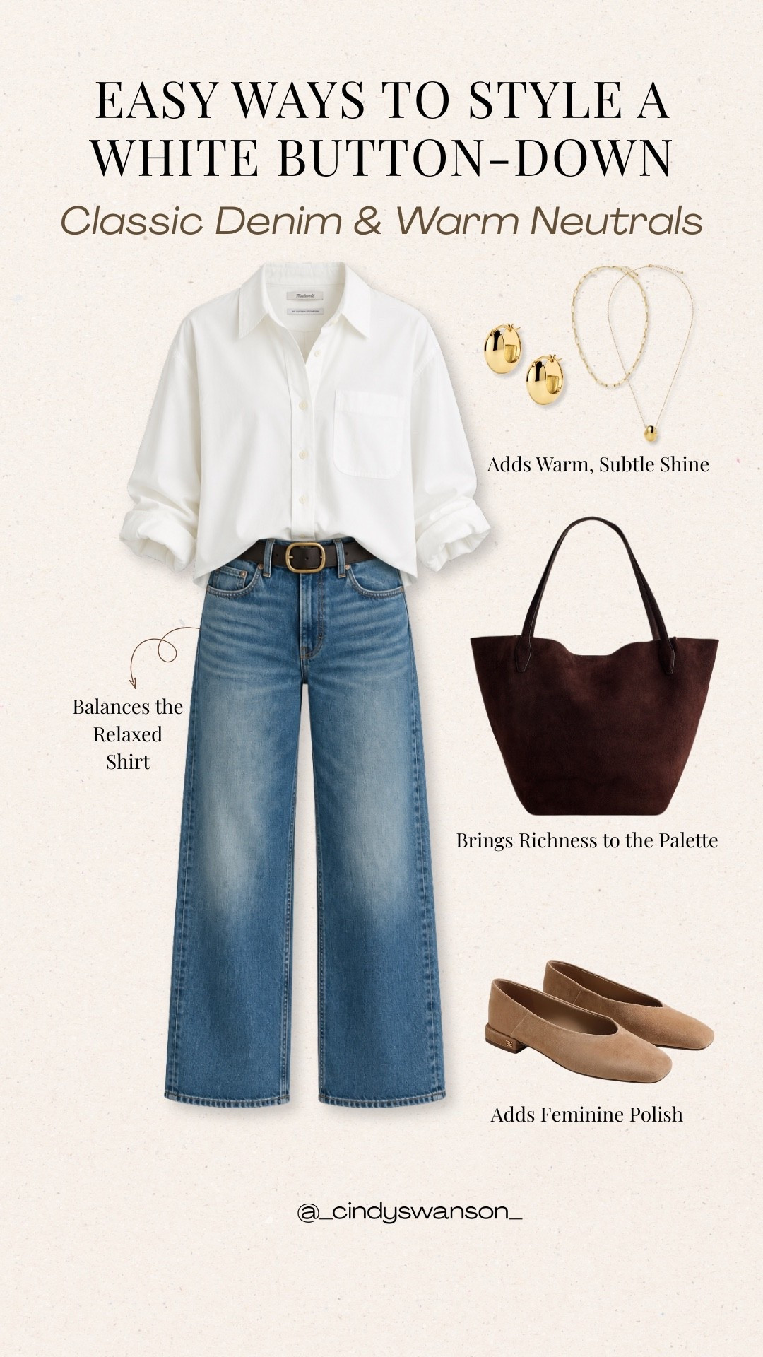 A classic white button-down and denim combination is one of those outfit formulas I come back to again and again. The relaxed shirt and wide-leg jeans feel easy and timeless, while the warm brown tote, belt, and neutral flats add just enough polish.

#LTKgrwm #LTKOver40 #LTKootd
