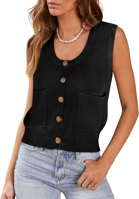 Yousify Womens Sweater Vest Summer Ribbed Tank Tops Sleeveless Button Down Shirts Scoop Neck Top ... | Amazon (US)