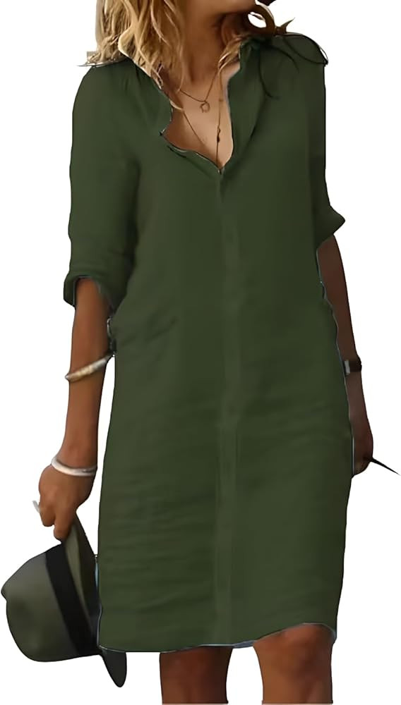 Fronage Women's Summer Midi Shirt Dresses Button Down 1/2 Sleeve Lapel Casual Cotton Linen Dress | Amazon (US)